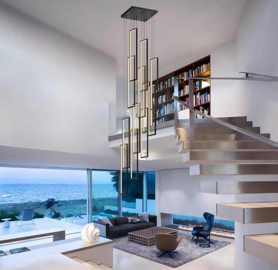 UPGENT LED Chandelier with 12 adjustable rectangular rings in modern living room.