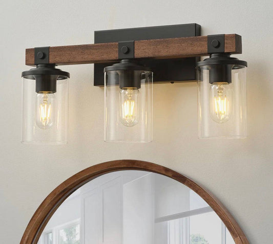 Breakwater Bay Aubagne dimmable vanity light with black metal, wood, and clear glass, vintage bathroom wall lamp