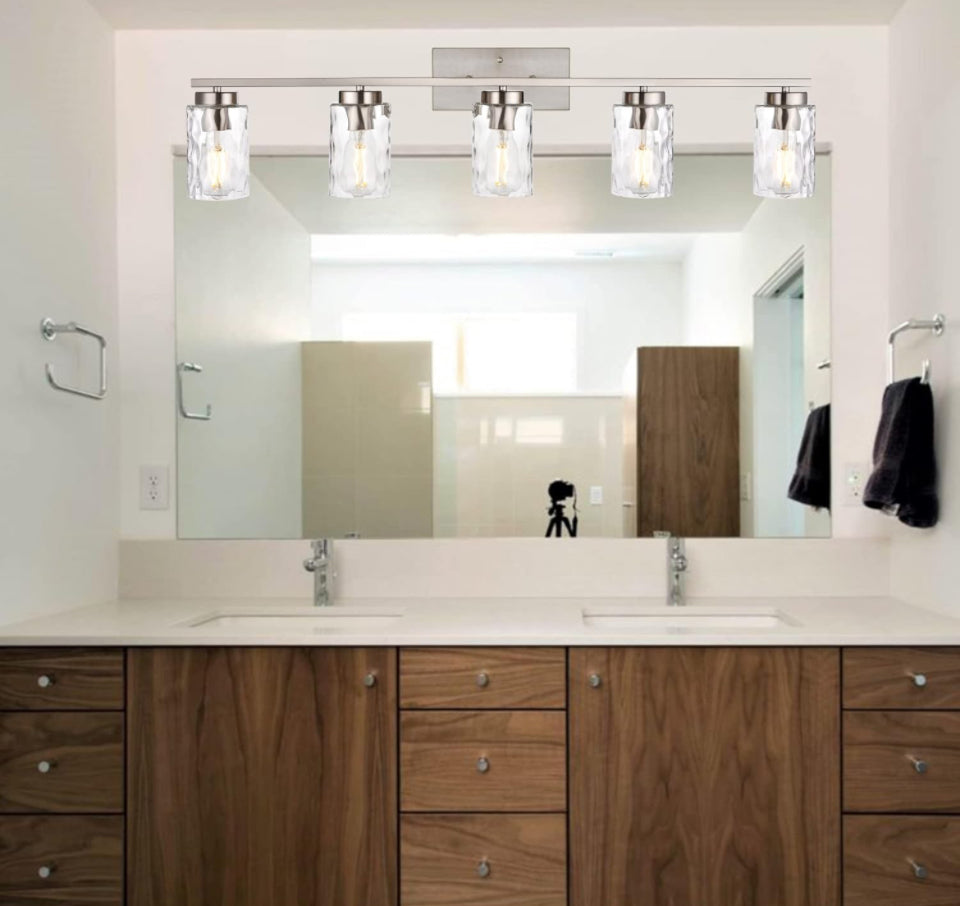 Vanity Lights for Bathroom 5 Light Sconces Vanity Light Fixture Modern Brushed Nickel Wall Mount Lighting with Clear Hammered Shade, Wall Lights for B - Selzalot