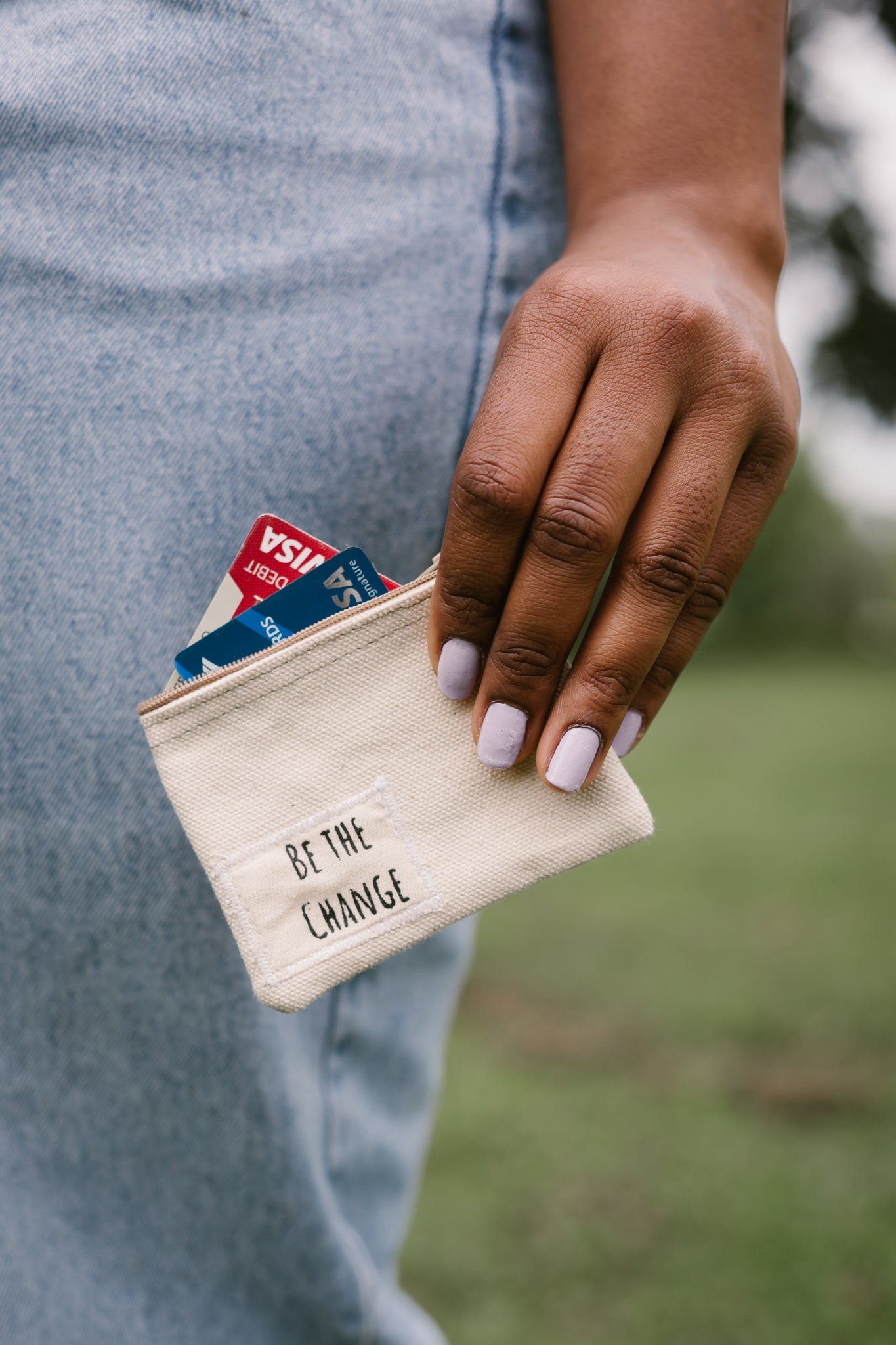 Be the Change Purse small canvas and leather zippered coin pouch with inspirational text