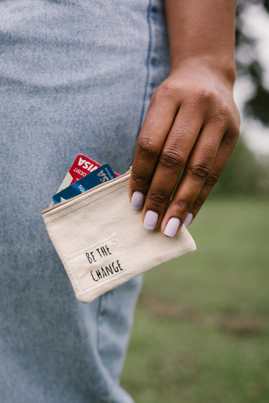 Be the Change Purse small canvas and leather zippered coin pouch with inspirational text