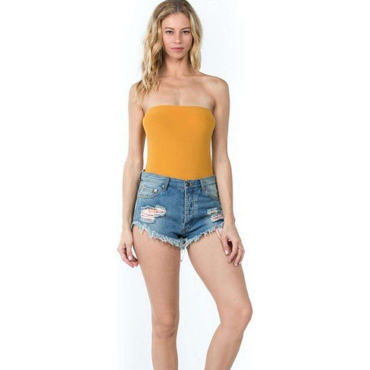 ellie & kate mustard sleeveless body suit worn with distressed denim shorts on model