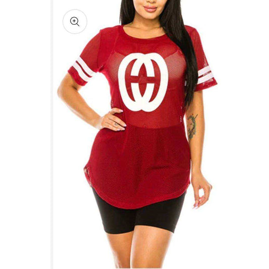 VERSITY STRIPE PRINTED MESH TOP in wine color with striped pattern, breathable mesh fabric, size L, for women.