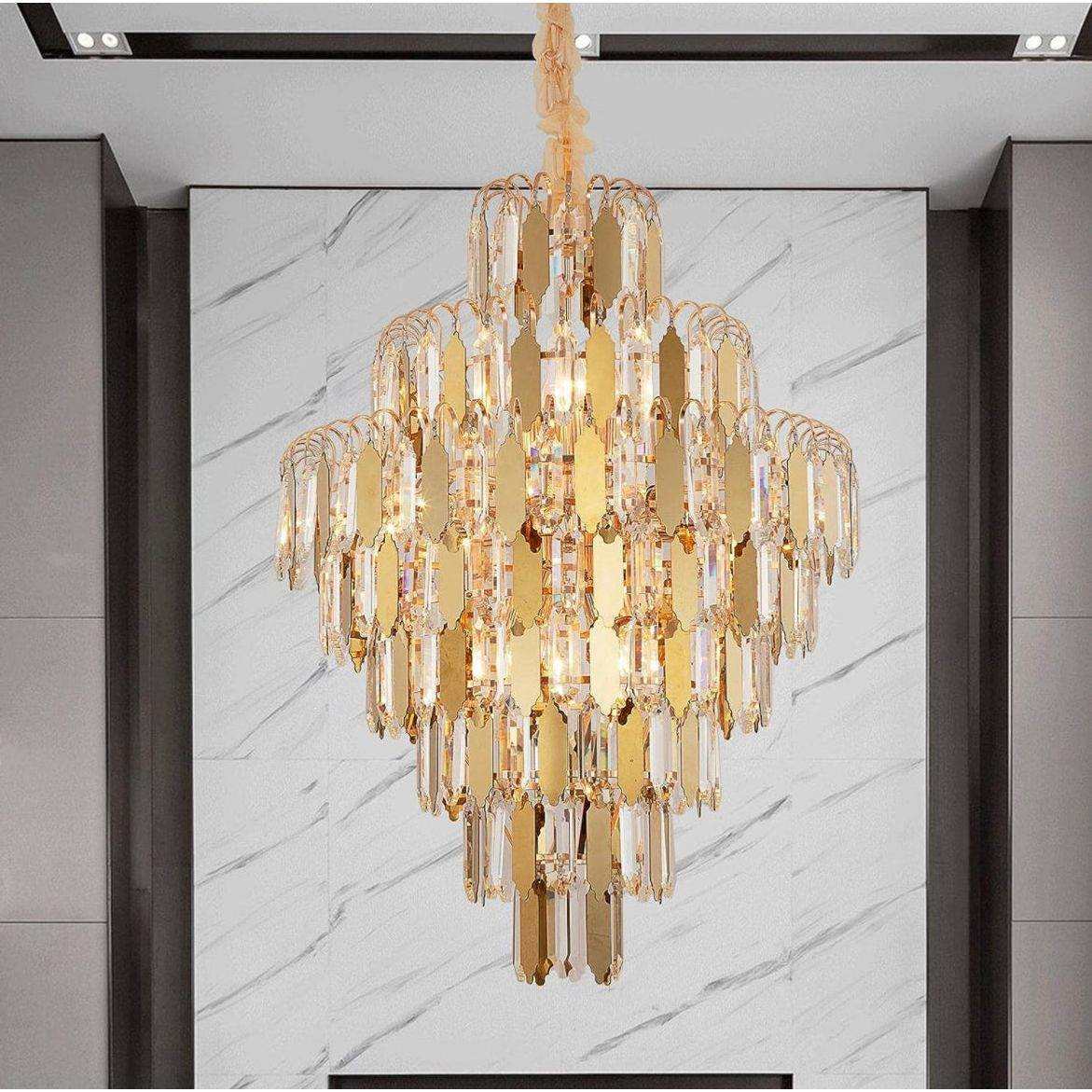 SNNXND gold crystal chandelier light fixture with K9 crystals and golden stainless steel, diameter 23.6 inches, height 30 inches.