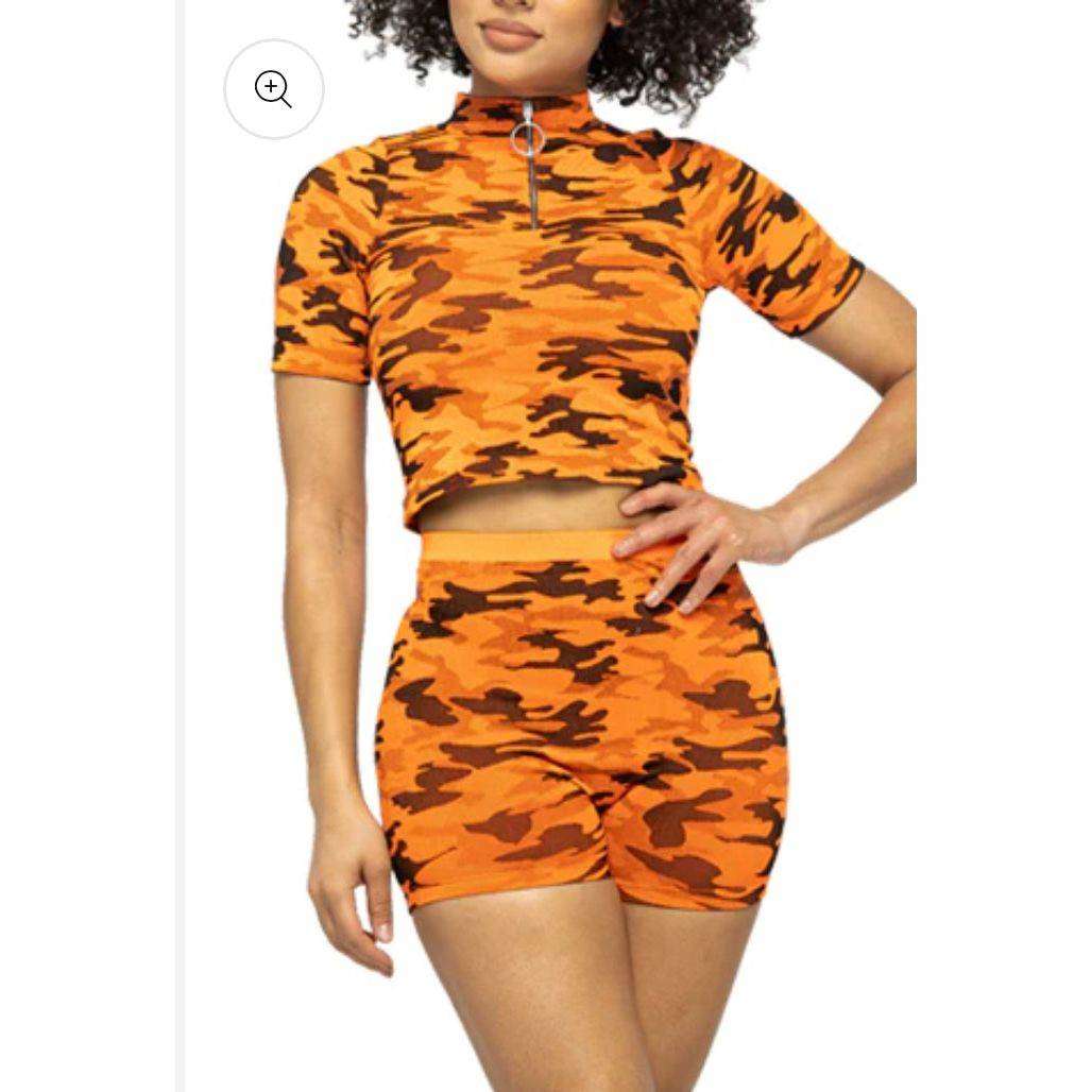 Neon orange seamless camo zip neck crop and short set.