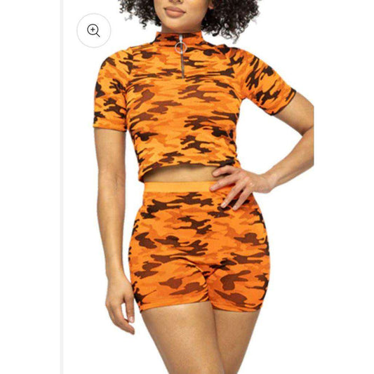 Neon orange seamless camo zip neck crop and short set.