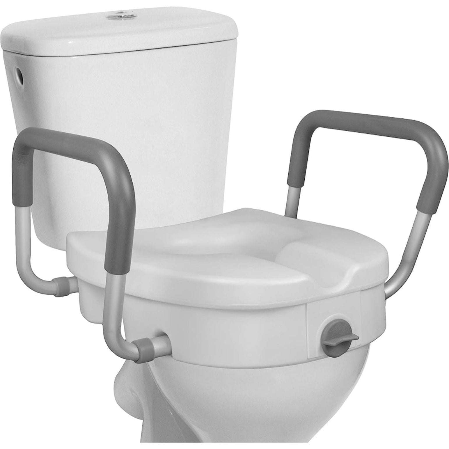 RMS Raised Toilet Seat with adjustable padded arms, 5-inch elevated riser for safety on elongated or standard commode.