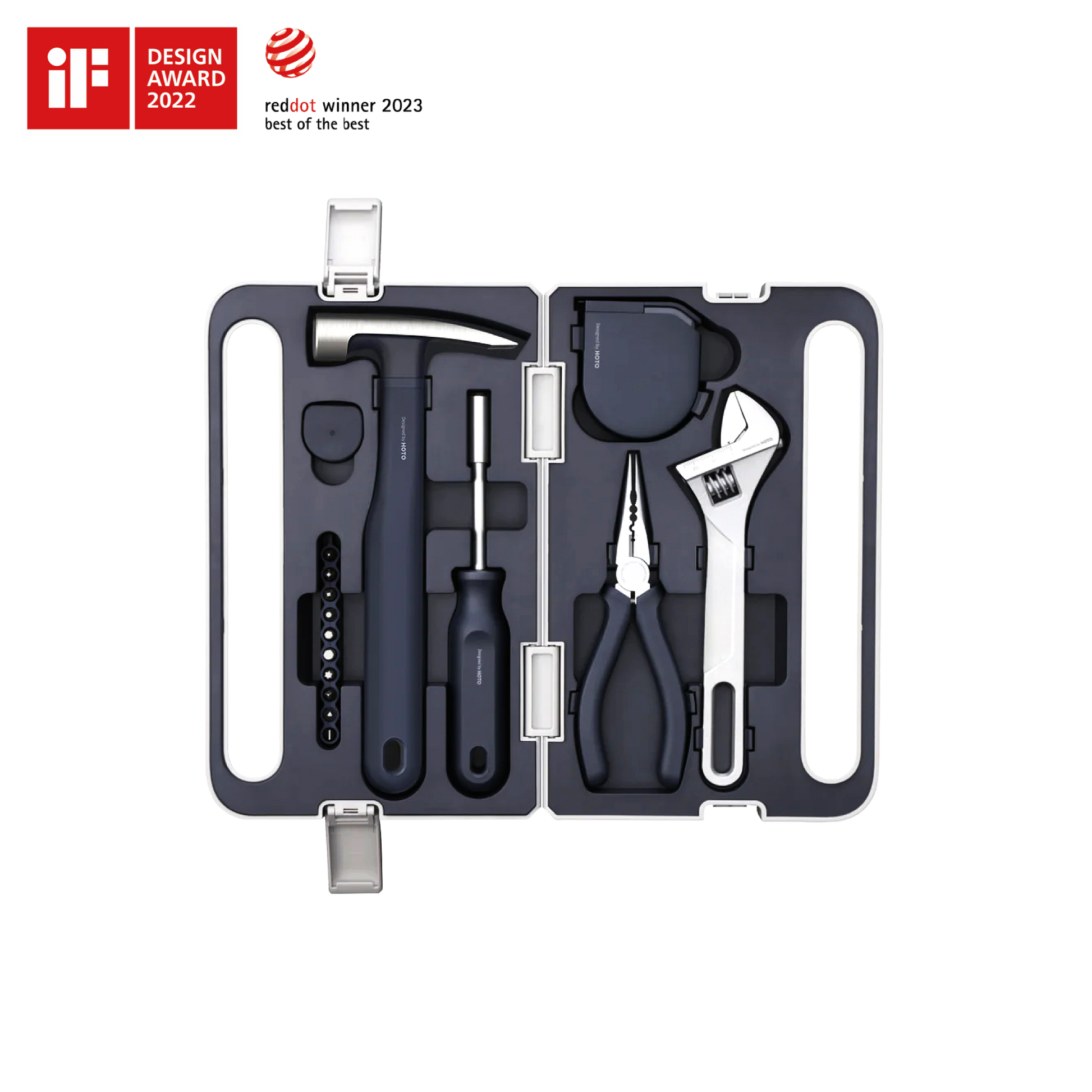 HOTO Hand Tool Set with minimalist design in a compact case including hammer, screwdriver, pliers, and adjustable wrench.