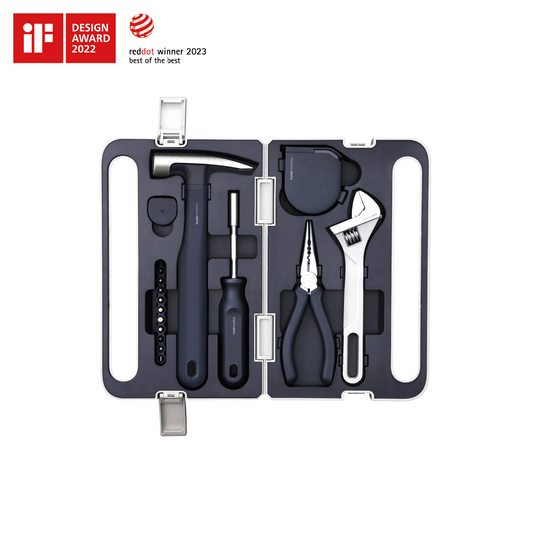HOTO Hand Tool Set with minimalist design in a compact case including hammer, screwdriver, pliers, and adjustable wrench.