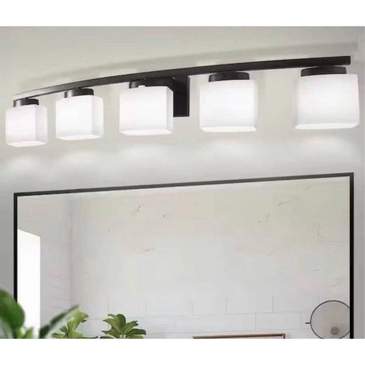 YANSUN 41 in. 5-light matte black modern industrial square vanity light with milk white glass shades and curved arms