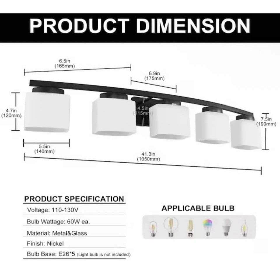 YANSUN 41 in. 5-Light Matte Black Modern Industrial Square Vanity Light