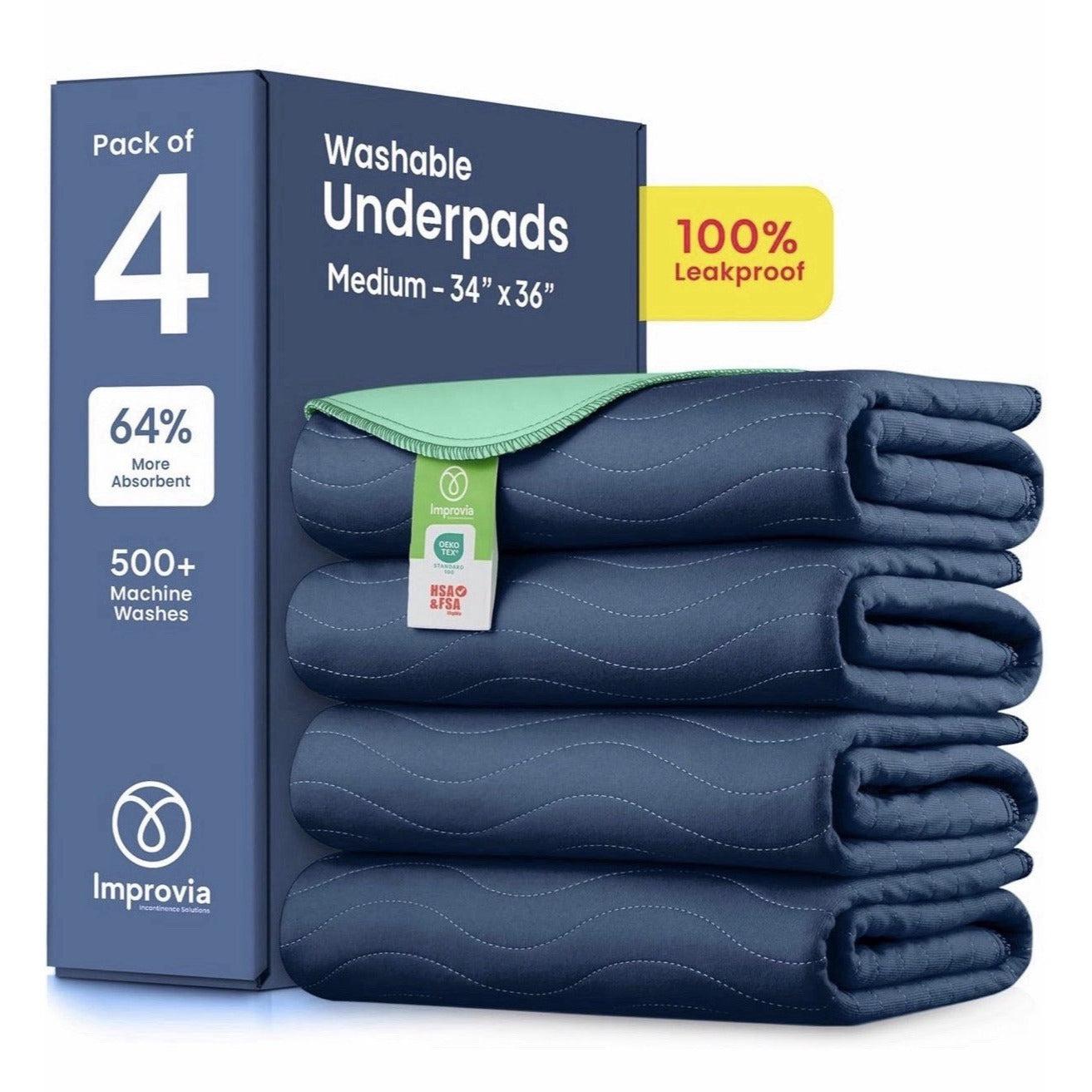 Washable Underpads 34x36 navy heavy absorbency waterproof pack of 4 by IMPROVIA