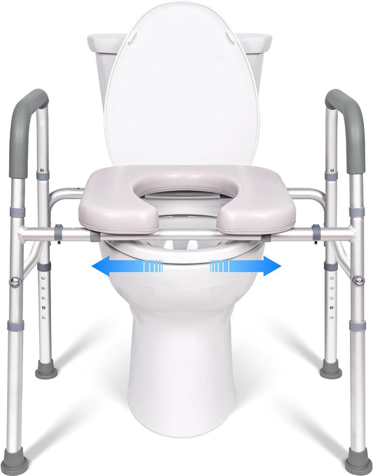 Adjustable raised toilet seat with padded arms and non-slip legs for seniors and disabled, fits any toilet and supports up to 400lbs