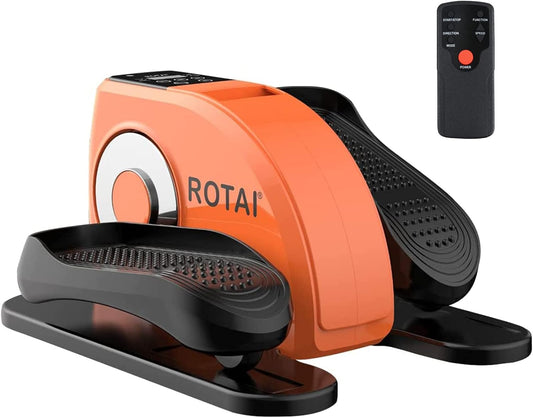 ROTAI orange under desk elliptical machine with textured black foot pedals and remote control for home and office use