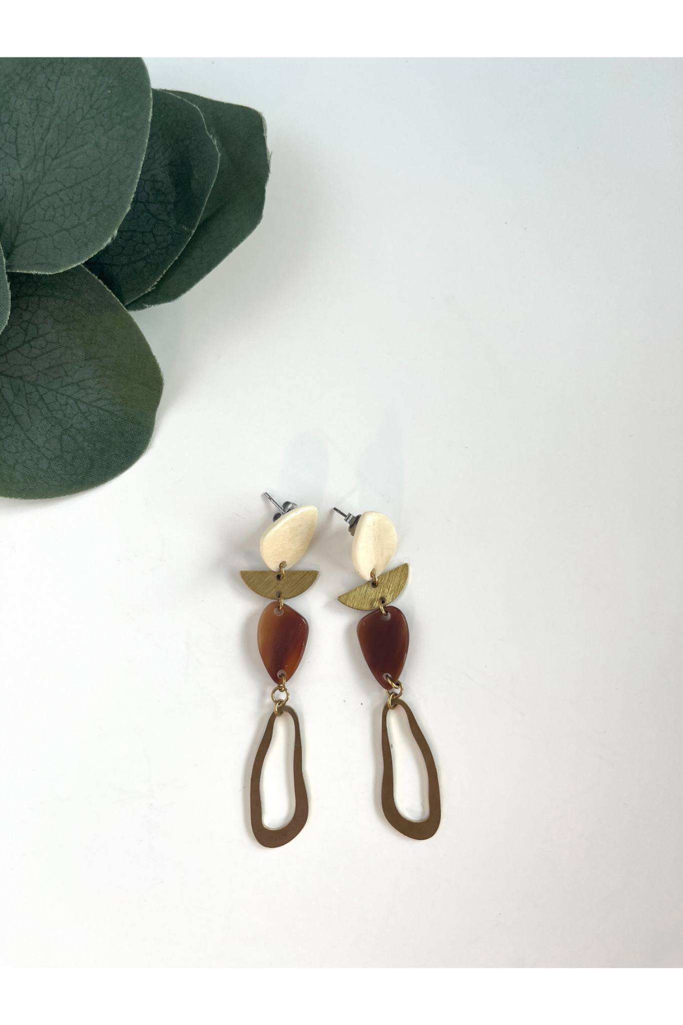 Katia Horn Earrings with ethically-sourced horn and brass, handcrafted artisan design, 3-inch length