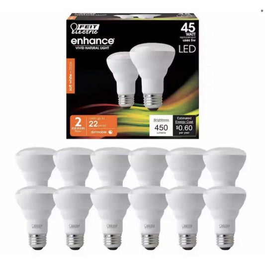 Feit Electric 12-pack 2700K 45W equivalent dimmable R20 LED flood light bulbs with 450 lumens