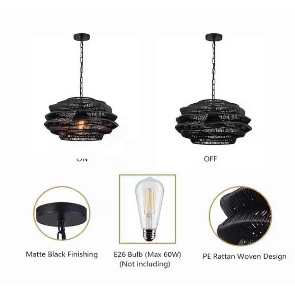 ELE Light & Decor Aaron 11 in. 1-Light Black Dimmable Outdoor Wicker Pendant Light