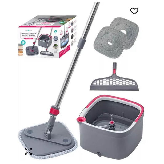 TRUE & TIDY Square Spin Mop and bucket system with dual water chambers and 360° rotating mop head in gray and red