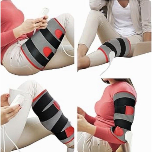 Small wearable electric leg heating pad with adjustable velcro and three heat settings wrapped around calf