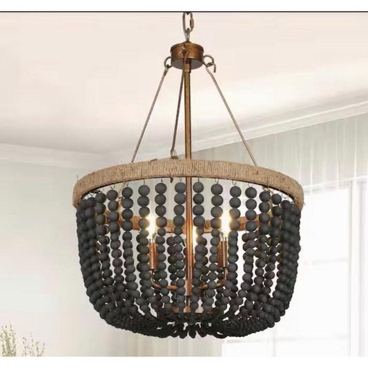 Uolfin Modern Farmhouse antique gold drum chandelier with black wood beads and 3-light fixture