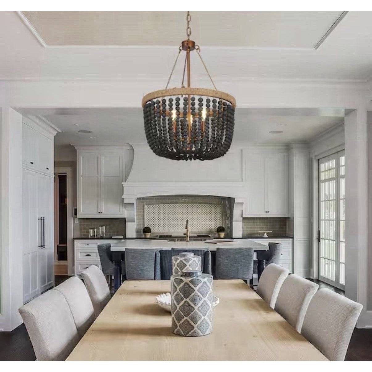 Uolfin Modern Farmhouse Empire Drum Beaded Chandelier Light 3-Light Gold