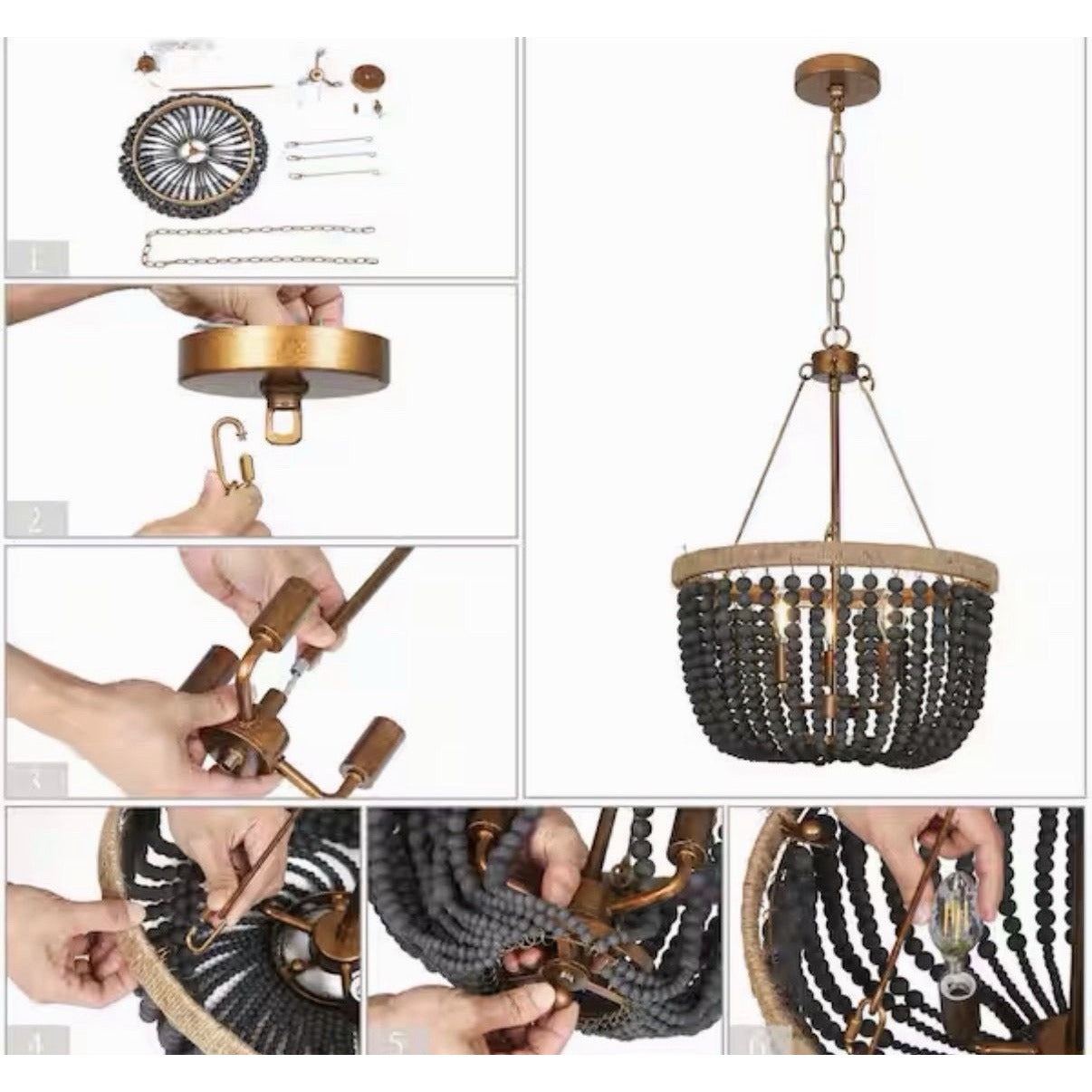 Uolfin Modern Farmhouse Empire Drum Beaded Chandelier Light 3-Light Gold