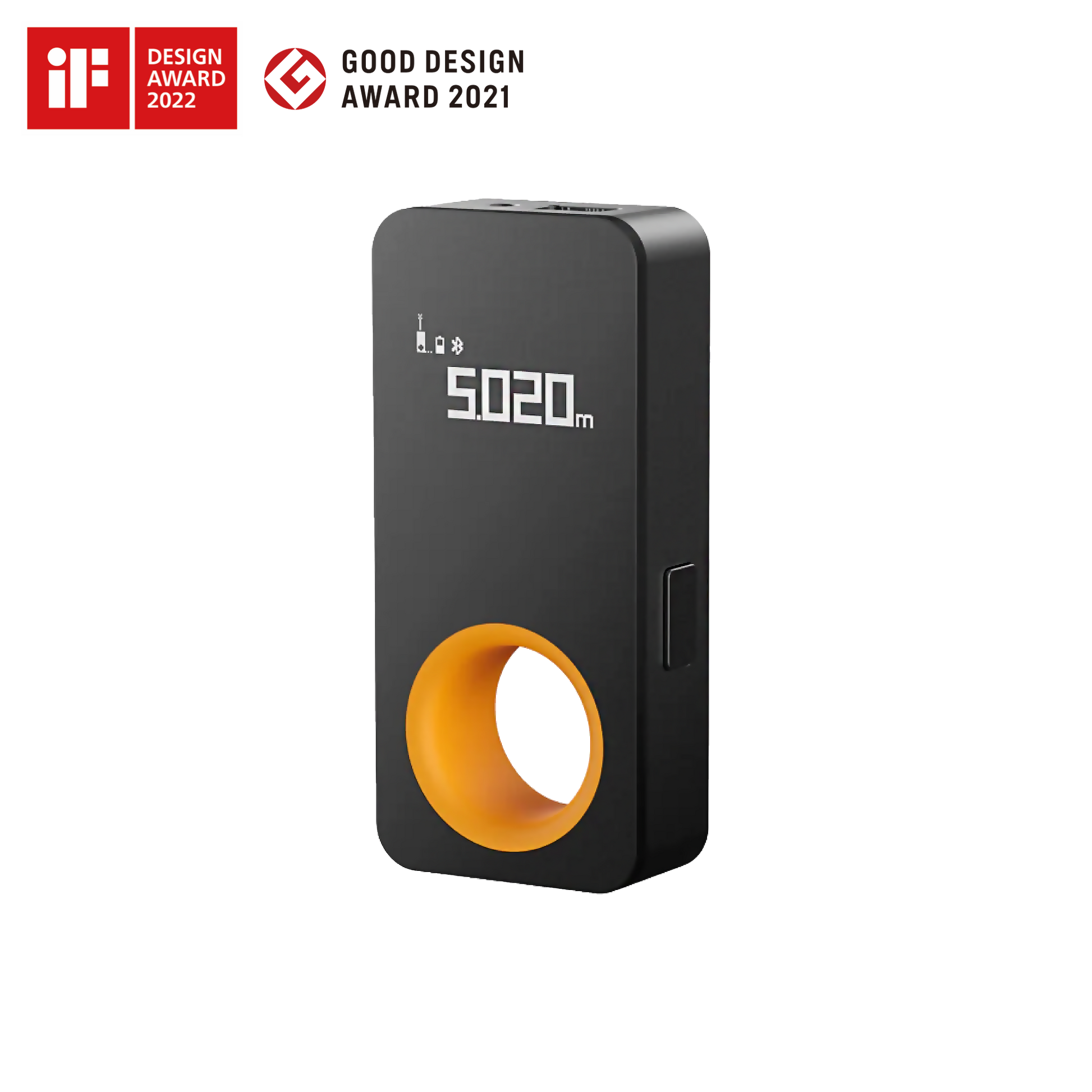Compact black laser measure with OLED display, 98ft range, 1/16 inch accuracy, Bluetooth sync, and USB-C charging