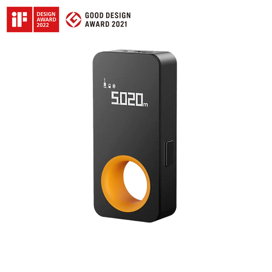 Compact black laser measure with OLED display, 98ft range, 1/16 inch accuracy, Bluetooth sync, and USB-C charging
