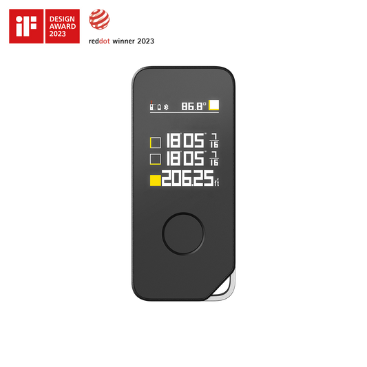 Compact black HOTO Laser Measure PRO with 1.8-inch LED color display showing measurement data and angle, featuring precision laser measuring tool with Bluetooth sync and multiple units.