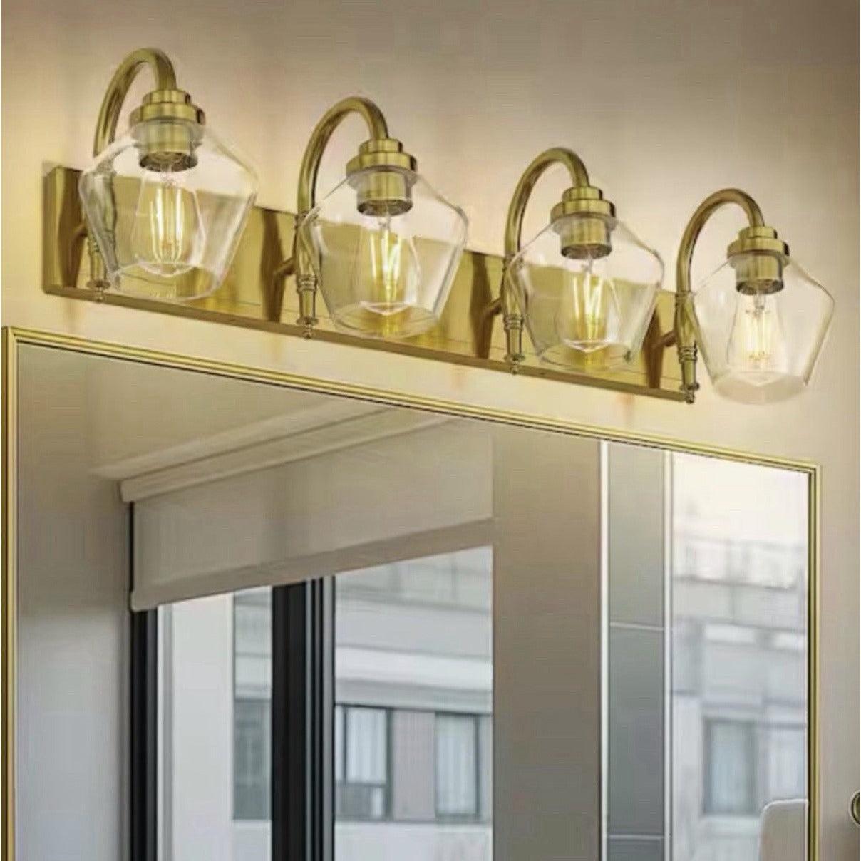 JAZAVA 31.9 in. brushed gold 4-light vanity light with clear glass shades and curved arms