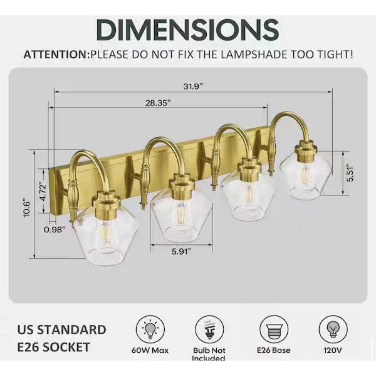 JAZAVA 31.9 in. 4 Light Brushed Gold Vanity Light with Clear Glass Shade, Model
