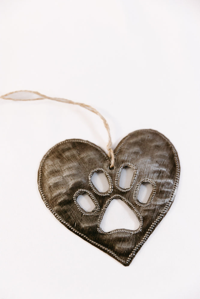 Paw Heart Metal Ornament made from upcycled steel with paw print cutout and hanging string.