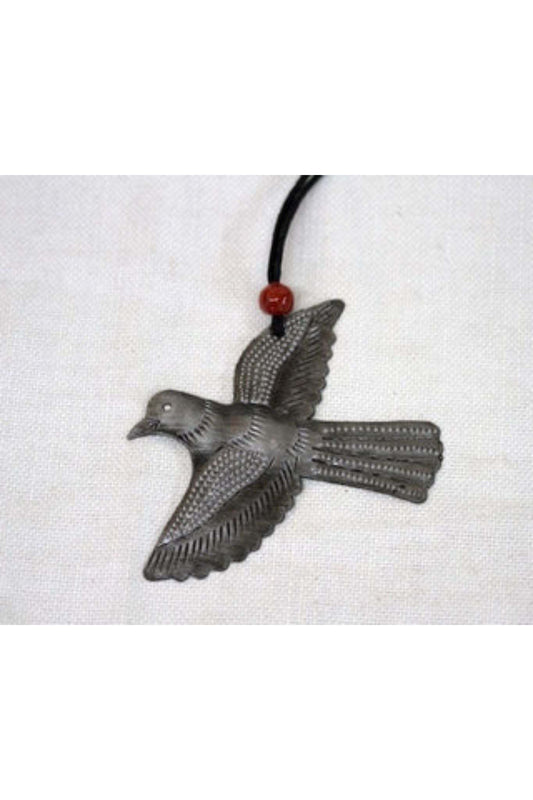 Handcrafted Metal-Art Bird Ornament with intricate details, upcycled steel, cotton cord, and clay bead, 4.5 inch wingspan.