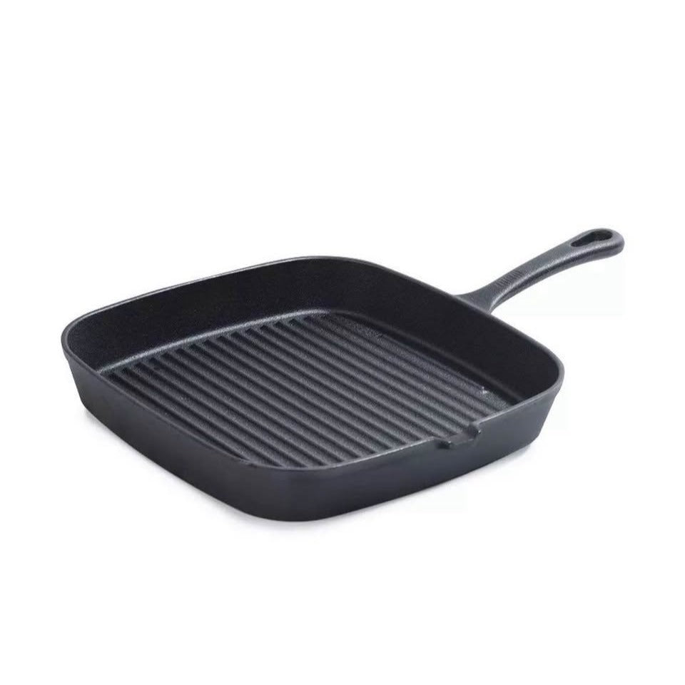 Sedona Kitchen 9-inch square cast iron grill pan with deep ridges for even cooking and searing