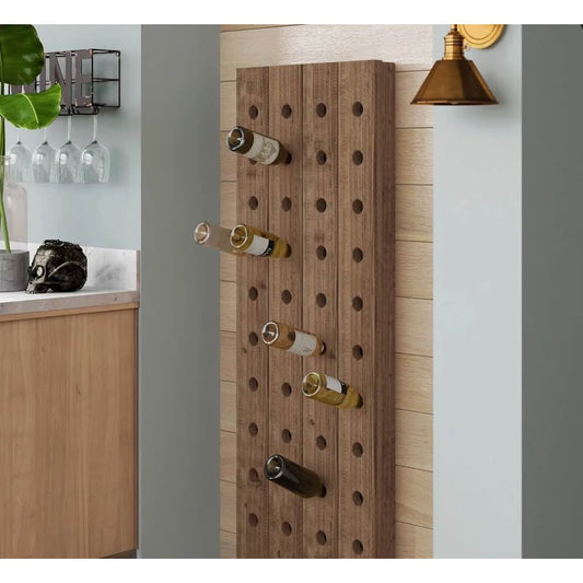 Brown wood tall 40 hole wall wine rack holding 40 bottles, rustic style, 57" x 21" x 4"