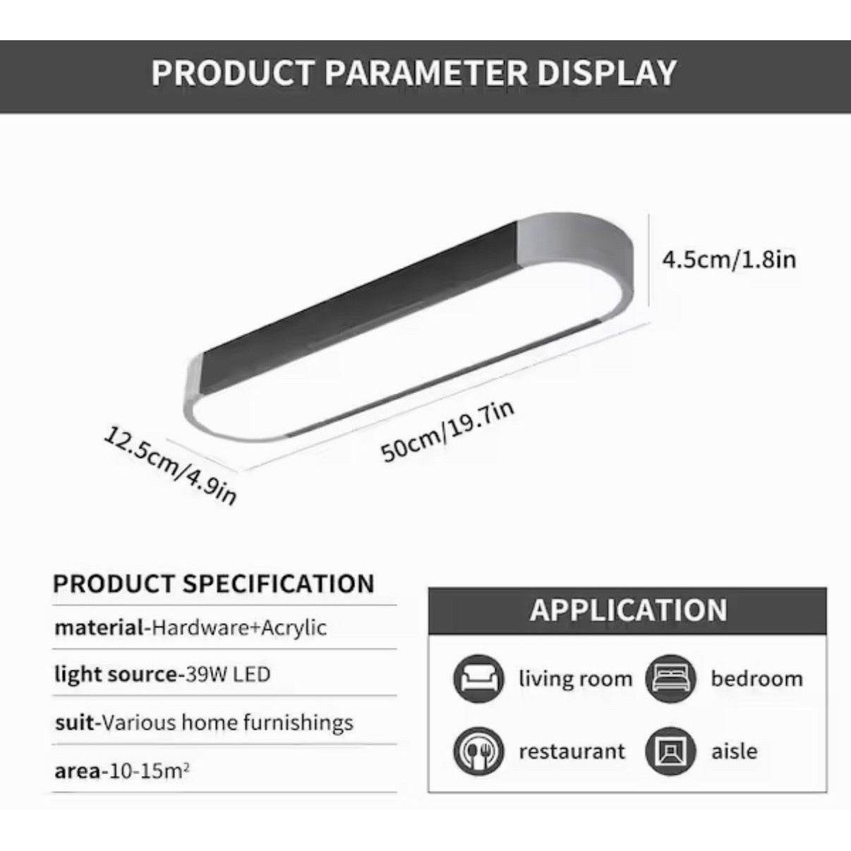 Genoci 19.7 in. 39 Watt Modern Simple Black Rectangle Integrated LED