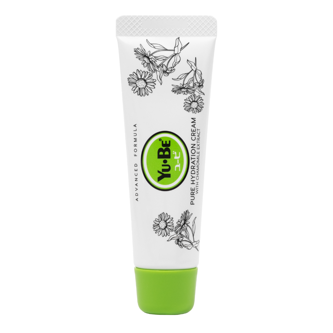 Tube of Yu-Be Advanced Formula Pure Hydration Cream with chamomile extract and green cap, fragrance-free moisturizing skin cream.