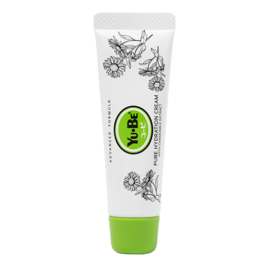 Tube of Yu-Be Advanced Formula Pure Hydration Cream with chamomile extract and green cap, fragrance-free moisturizing skin cream.