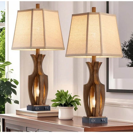 LARK MANOR Louann wood grain table lamp set with dual USB ports and night light features dual rocker switches and foldable fabric shades