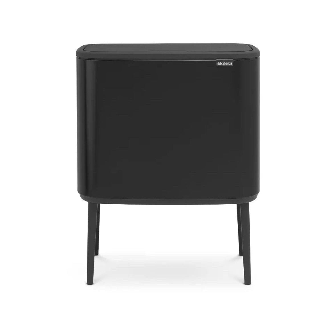 Brabantia Bo Touch Top dual trash can with two inner buckets in black, open lid, space-efficient design