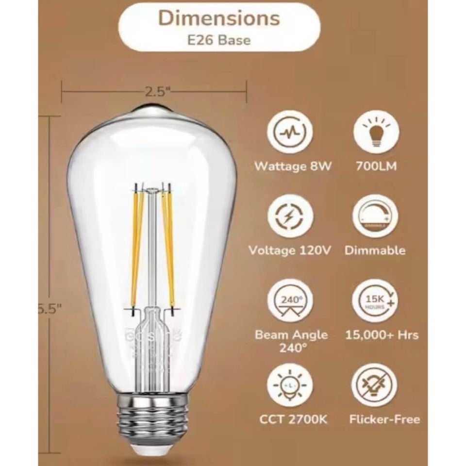 EDISHINE 60-Watt Equivalent ST64 Dimmable Straight Filament Clear Glass E26 Vintage Edison LED Light Bulb, 2700K Warm (6-Pack)