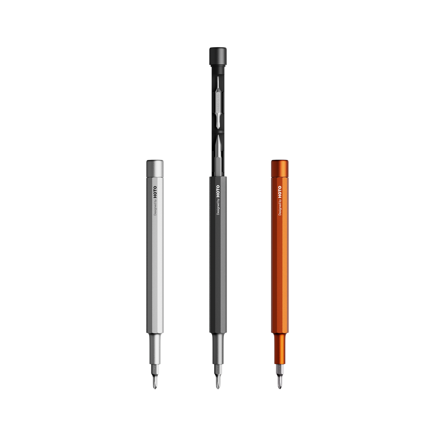 Pocket Precision Screwdriver set with aluminum body, five essential bits, and hidden magnetic storage.