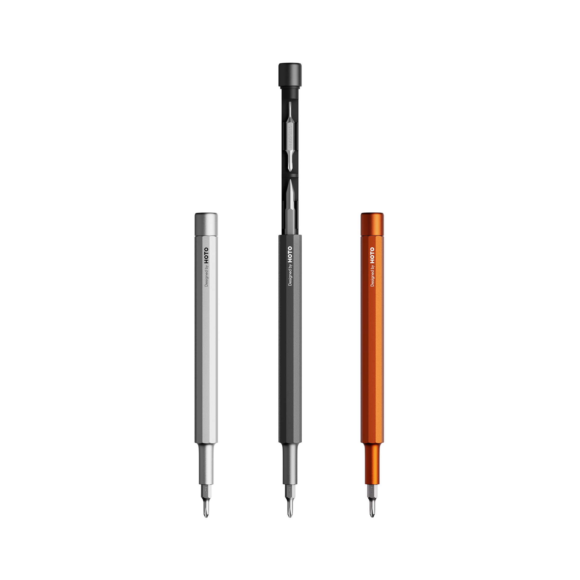 Pocket Precision Screwdriver set with aluminum body, five essential bits, and hidden magnetic storage.