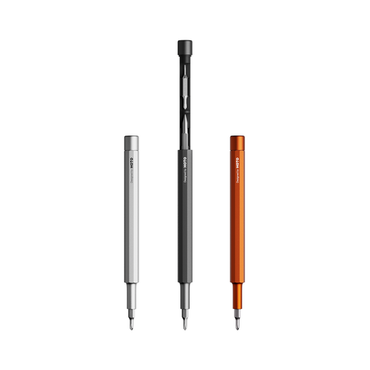 Pocket Precision Screwdriver set with aluminum body, five essential bits, and hidden magnetic storage.