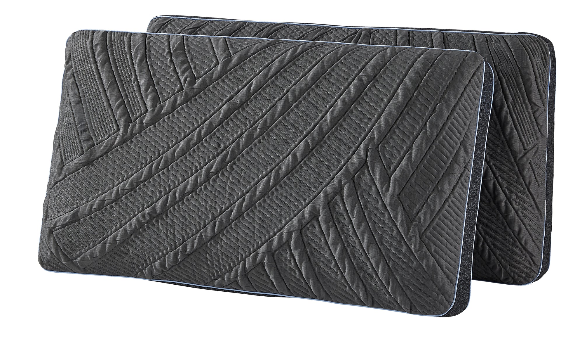 Pair of dark gray PowerCool Pillows with quilted cooling knit fabric cover and ergonomic design.