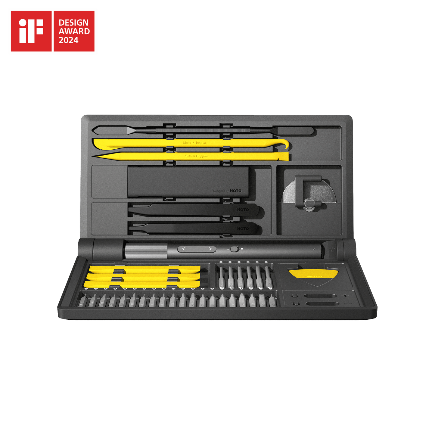 Electric precision screwdriver kit with 48 accessories, LED light, dual torque, and organized clamshell case.