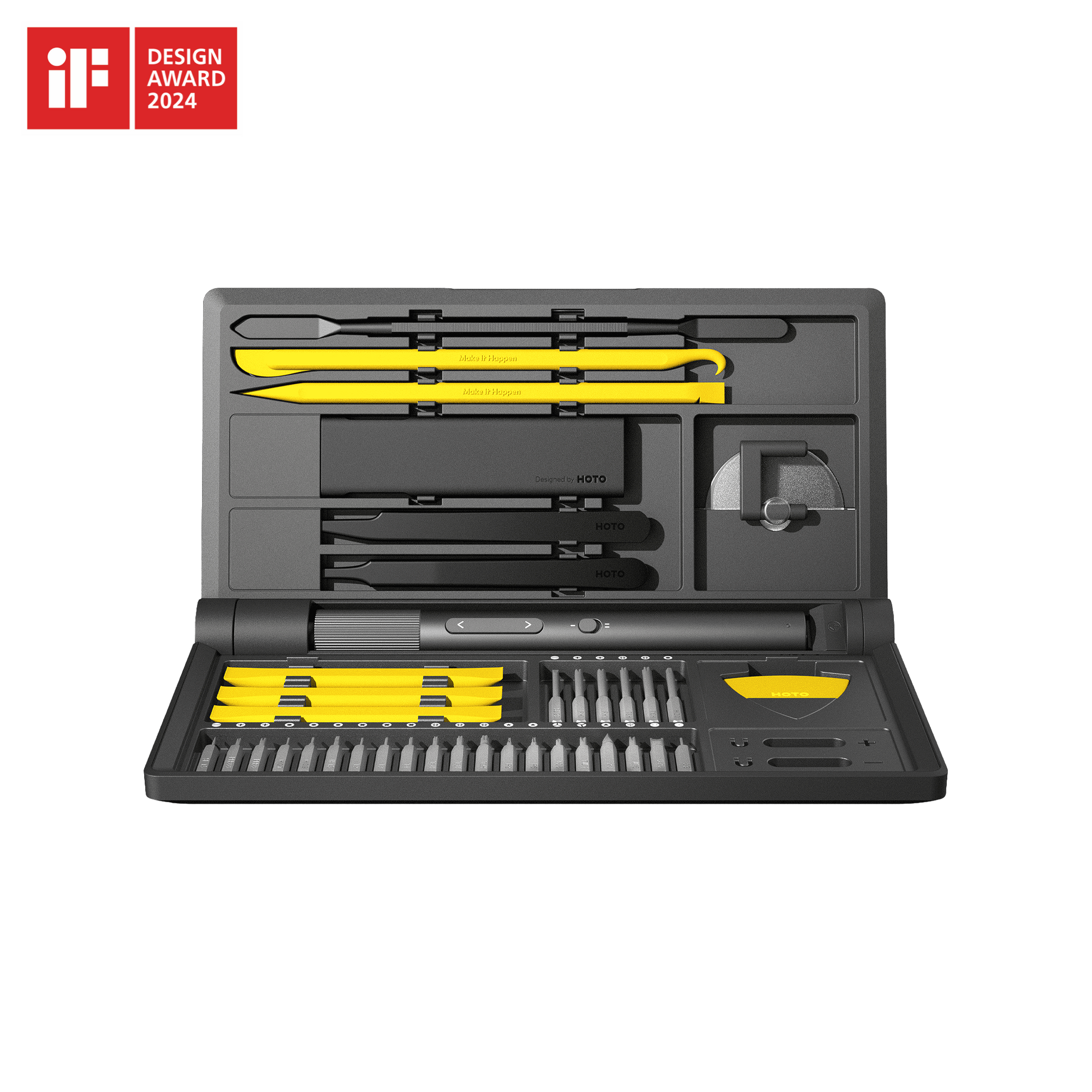Electric precision screwdriver kit with 48 accessories, LED light, dual torque, and organized clamshell case.
