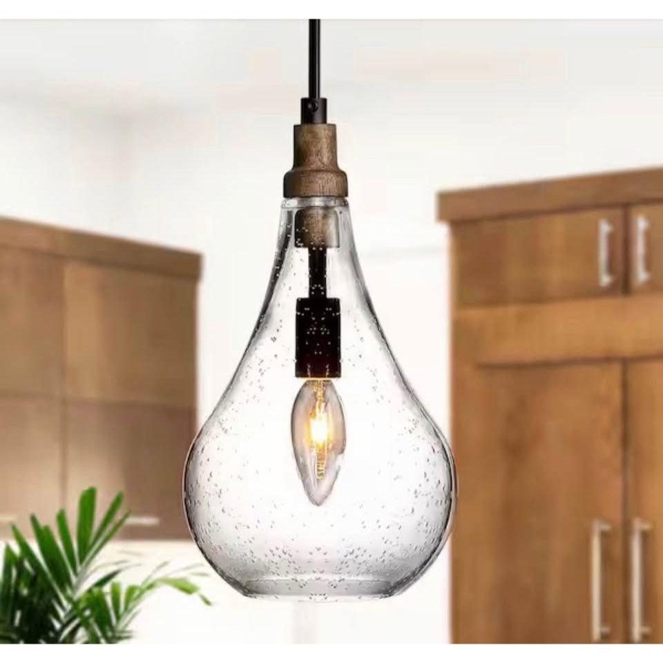 Uolfin Modern Farmhouse teardrop kitchen island pendant light with black metal and seeded glass shade