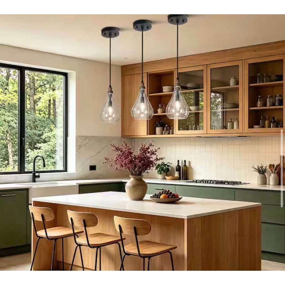 Uolfin Modern Farmhouse Teardrop Kitchen Island Pendant Lighting Maya 1-Light Black Wood Pendant Lig