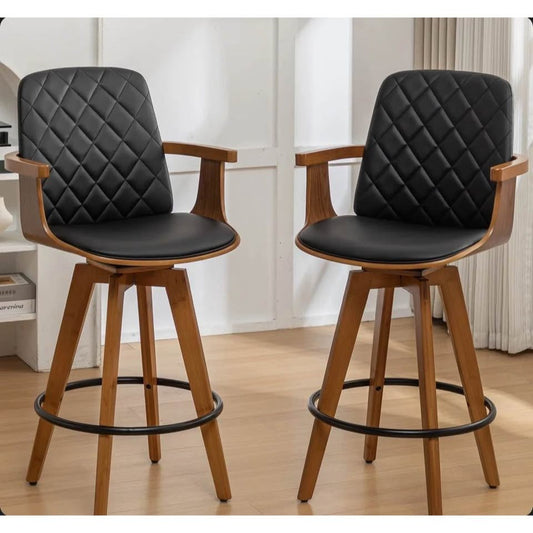 Corrigan studios Sitaram swivel bar stools set of 2 with wood tone and leather seats in mid century style